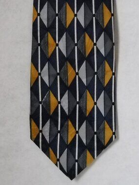 Bill Blass Navy Blue Neck Tie Gold Gray 100% Silk Geometric Diamond Stripe Mens